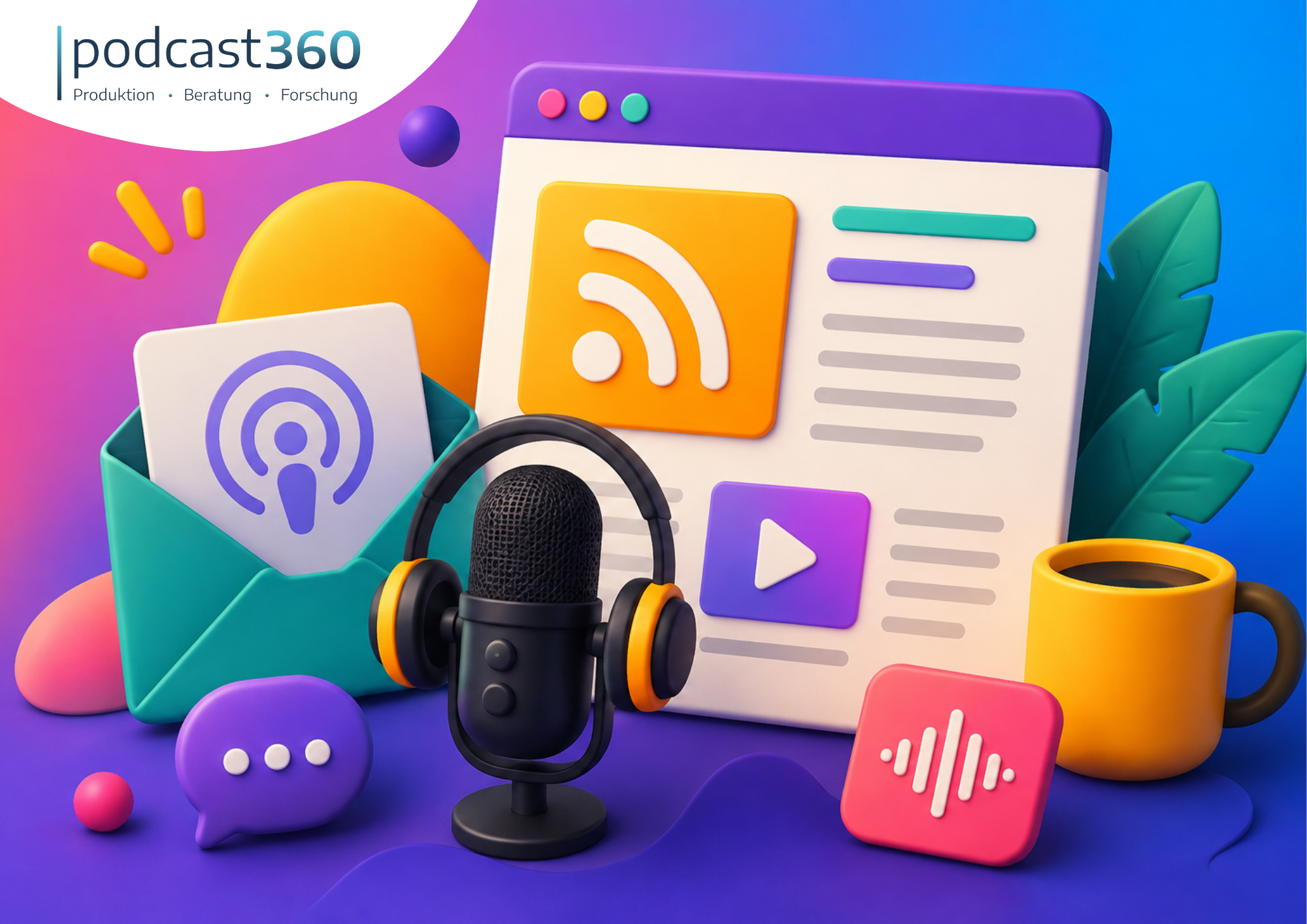 Farbenfrohe Podcast-Symbole, ein Mikrofon, eine Kaffeetasse und eine Website-Illustration mit dem „podcast360“-Logo in der Ecke vermitteln ein lebendiges Gemeinschaftsgefühl für Podcast-Fans. Perfekt, um für Ihren Podcast-Newsletter zu werben oder Hörer online anzusprechen.