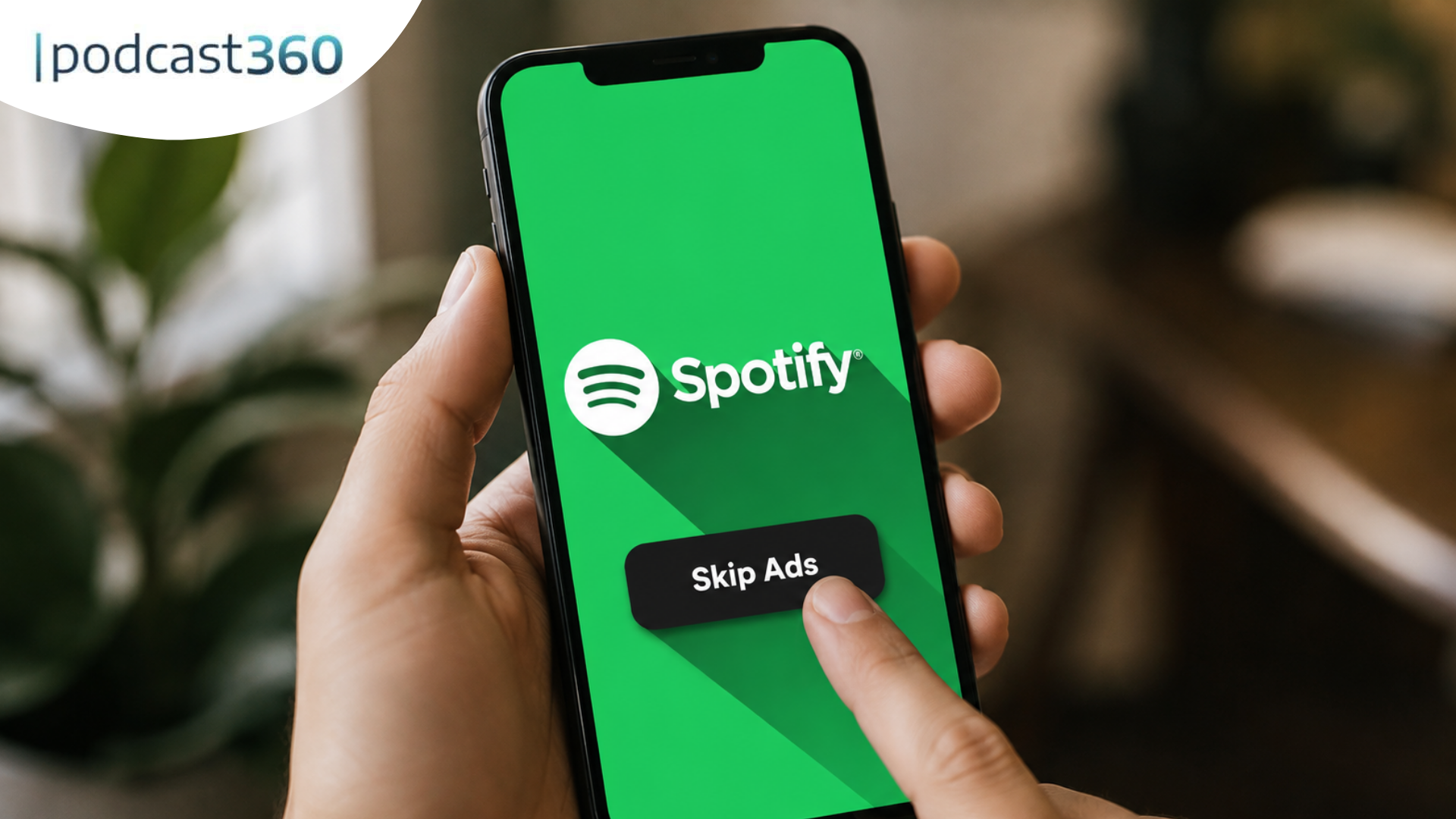 Eine Hand hält ein Smartphone, auf dem die Spotify-App geöffnet ist. Auf dem Bildschirm ist die Schaltfläche „Werbe-Überspringen“ zu sehen, mit der sich Podcast-Werbung schnell überspringen lässt.