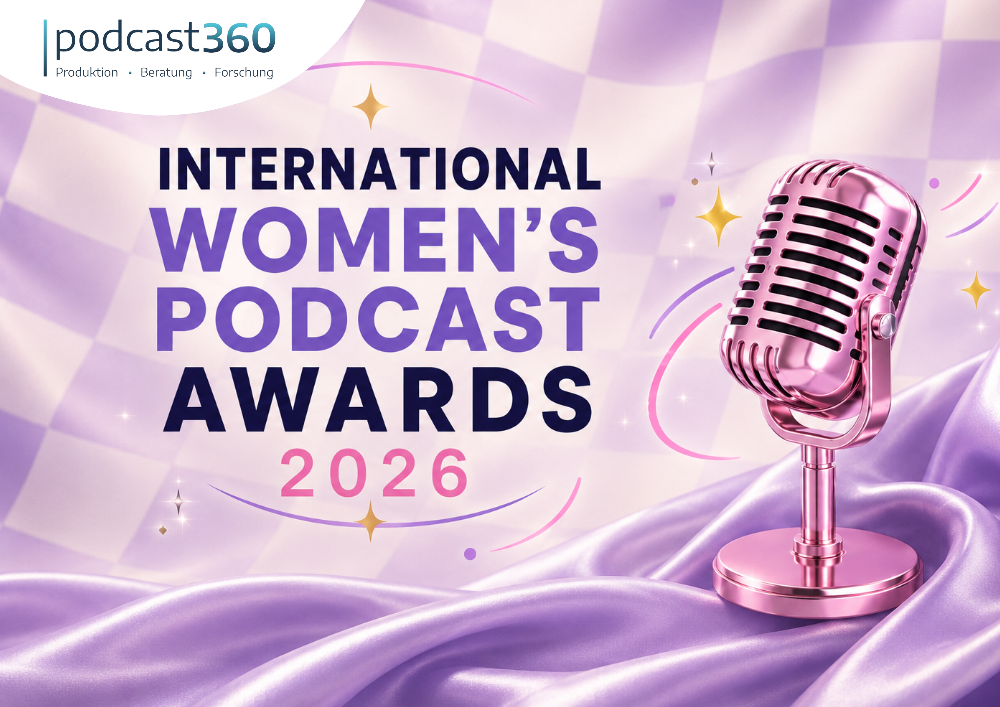 Ein Poster in Lila für die International Women’s Podcast Awards, das internationale Podcasts mit einem auffälligen Mikrofon- und Kopfhörer-Motiv in den Vordergrund rückt – und so jene unvergesslichen Podcast-Momente perfekt einfängt.