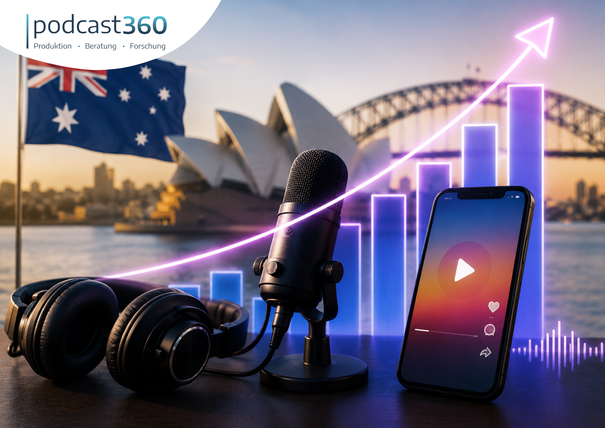 Podcast-Mikrofon, Kopfhörer und Smartphone vor dem Hintergrund des Opernhauses von Sydney, einer Flagge und einer nach oben verlaufenden Kurve, die den wachsenden Einfluss von Podcasts und Social-Video-Inhalten auf steigende Werbebudgets verdeutlicht.