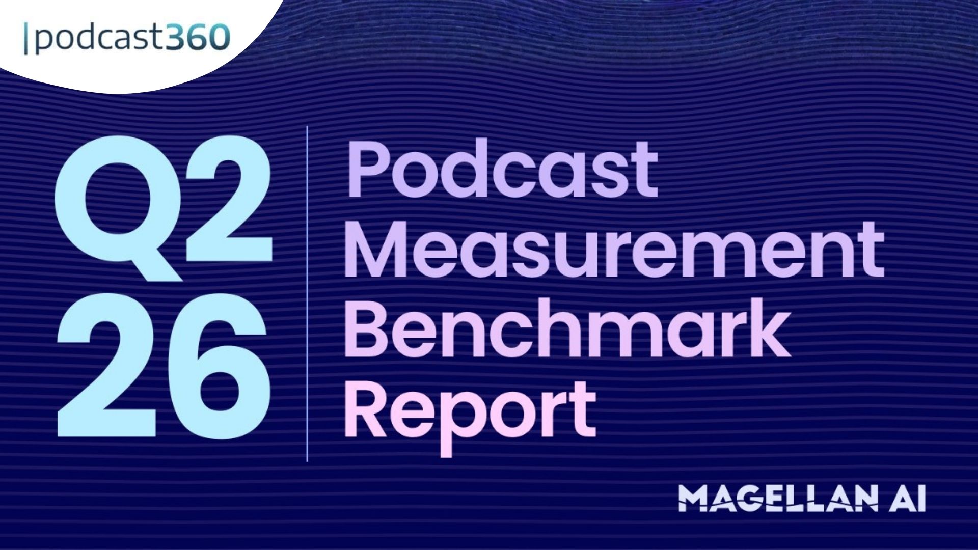 Das Titelbild des „Podcast360 Podcast Measurement Benchmark Report Q2 2026“ zeigt einen blauen, wellenförmigen Hintergrund und fettgedruckten Text, der wichtige Moderatoren-Kennzahlen und Reaktion-Trends hervorhebt und so eine aufschlussreiche Unterschiedsanalyse ermöglicht.
