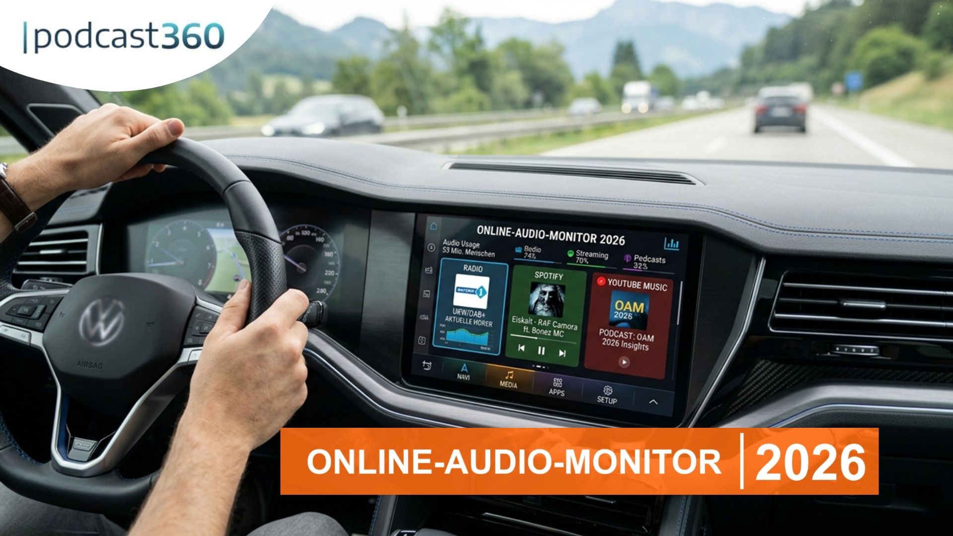 Eine Person am Steuer eines Autos mit einem großen Bildschirm im Armaturenbrett, auf dem Audio- und Podcast-Apps angezeigt werden, was die neuesten Podcast-Trends und das anhaltende Podcast-Wachstum verdeutlicht.