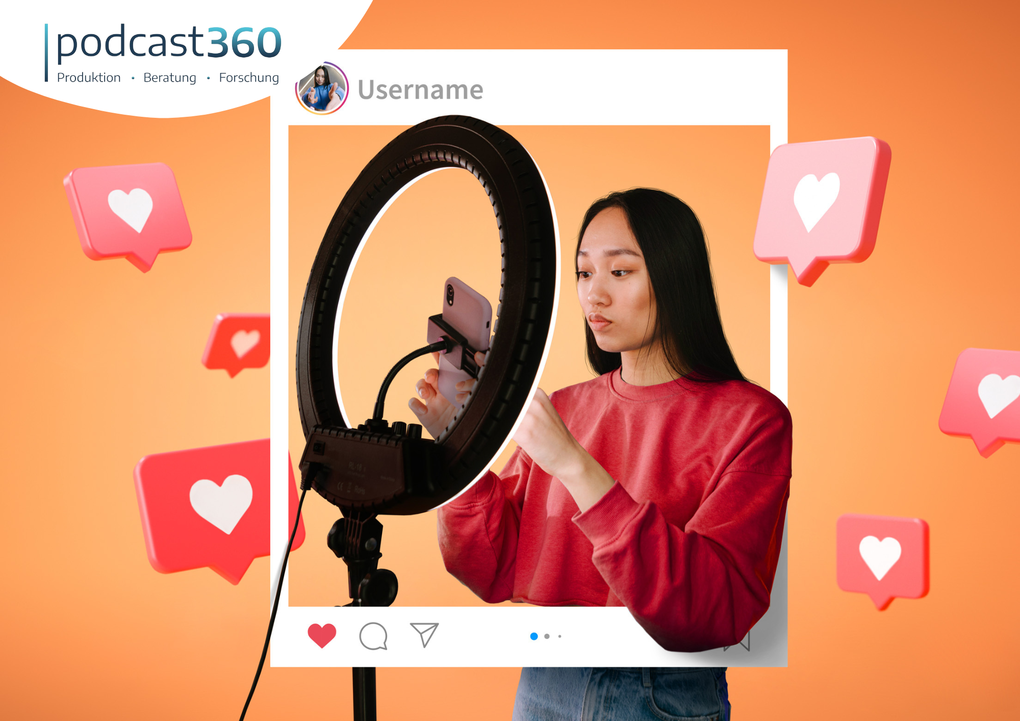 Eine Frau, die sich selbst mit einem Smartphone und einem Ringlicht filmt, umgeben von Social-Media-Herzen auf orangefarbenem Hintergrund – perfekt, um das Employer Branding auf TikTok zu präsentieren oder Mitarbeiter als Creator dazu zu inspirieren, authentische Geschichten aus dem Arbeitsalltag zu teilen.