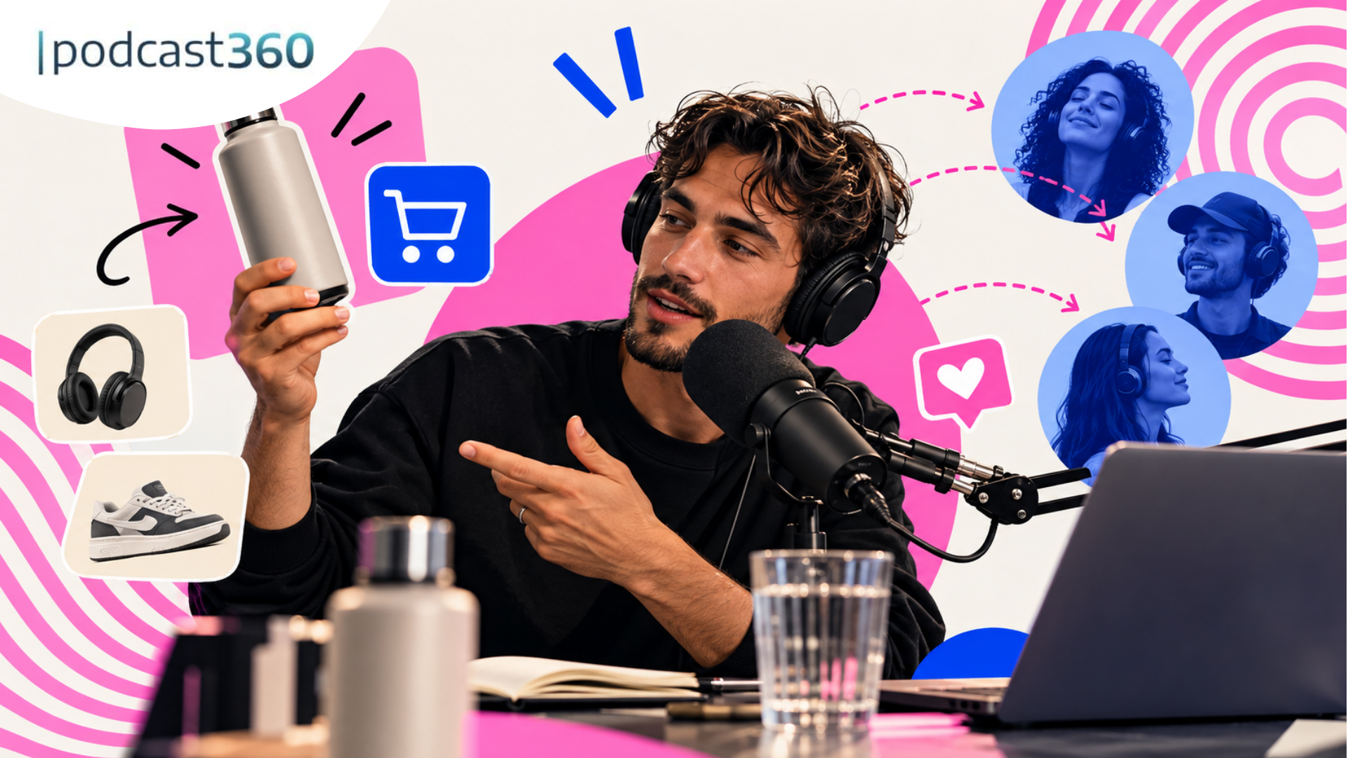 Ein Mann, der einen Podcast aufnimmt, eine Flasche in der Hand hält, im Hintergrund sind Einkaufs- und Social-Media-Symbole, Kopfhörer, ein Schuh sowie Gesichter von Menschen zu sehen – dies vermittelt perfekt das Vertrauen zwischen Podcast-Hörern und Moderator, während sie gemeinsam erkunden, was sie kaufen könnten.