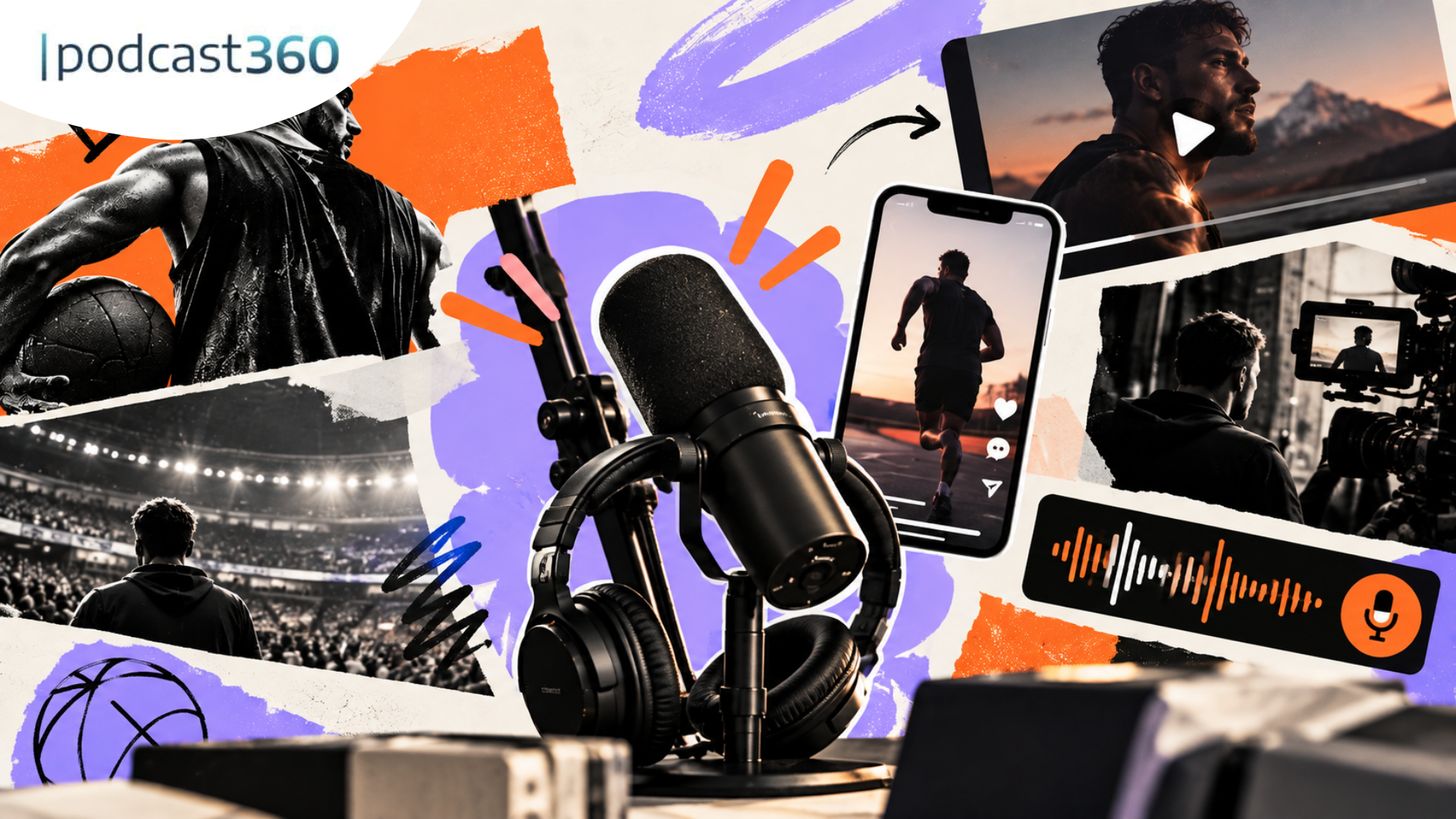 Ein Podcast-Mikrofon und Kopfhörer, kombiniert mit Elementen aus den Bereichen Basketball, Laufen, Filmen und Audio in einer kreativen Collage – perfekt, um Sport-Podcasts auf das nächste Level zu heben.