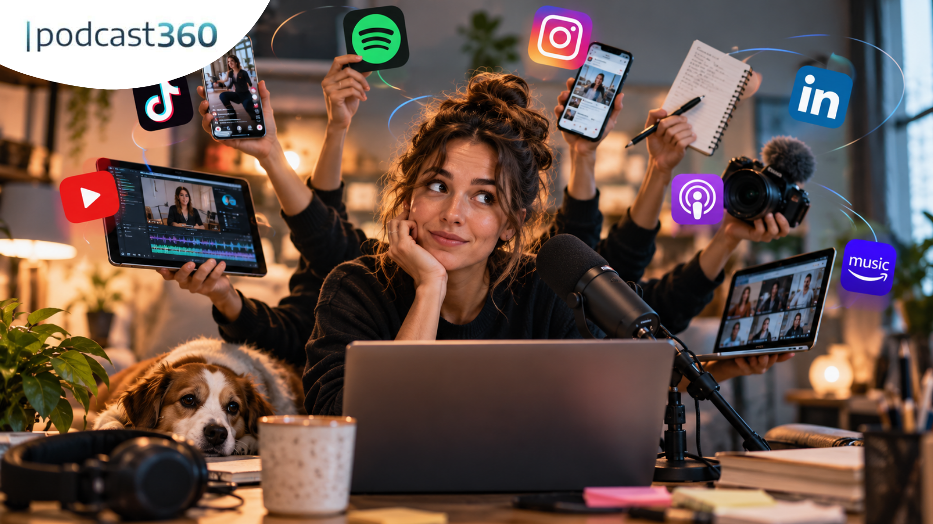 Eine Podcasterin sitzt an einem Podcast-Schreibtisch und wirkt überfordert, während um sie herum Hände Geräte hochhalten, auf denen verschiedene Social-Media-Plattform-Apps zu sehen sind.