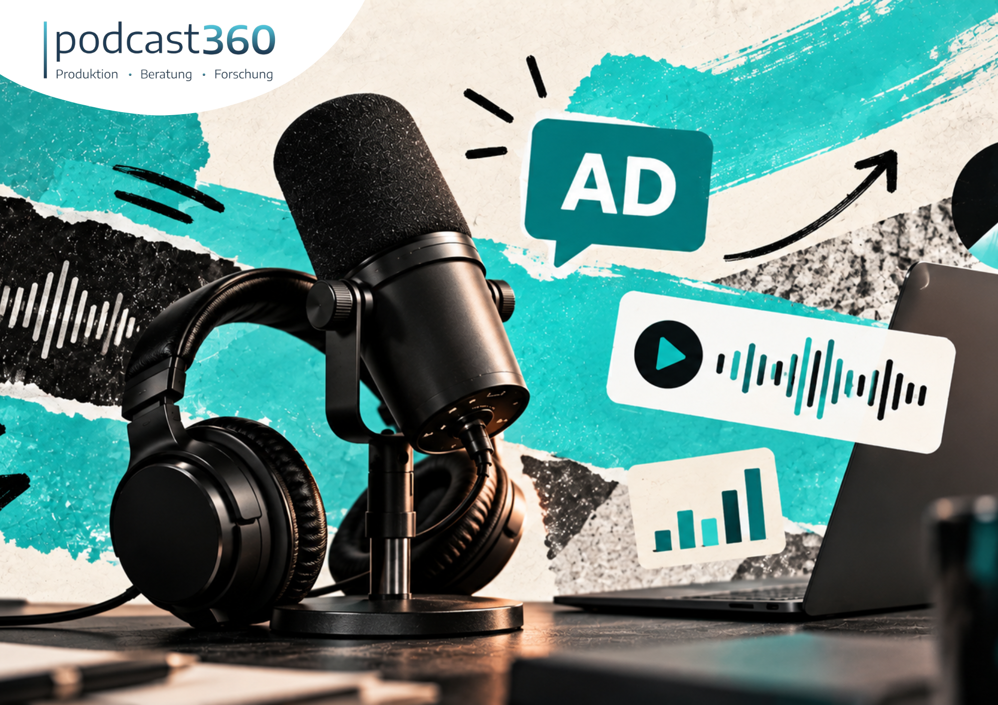 Podcast-Mikrofon und Kopfhörer mit Grafiken, die Podcast-Werbung und Schallwellen zeigen.
