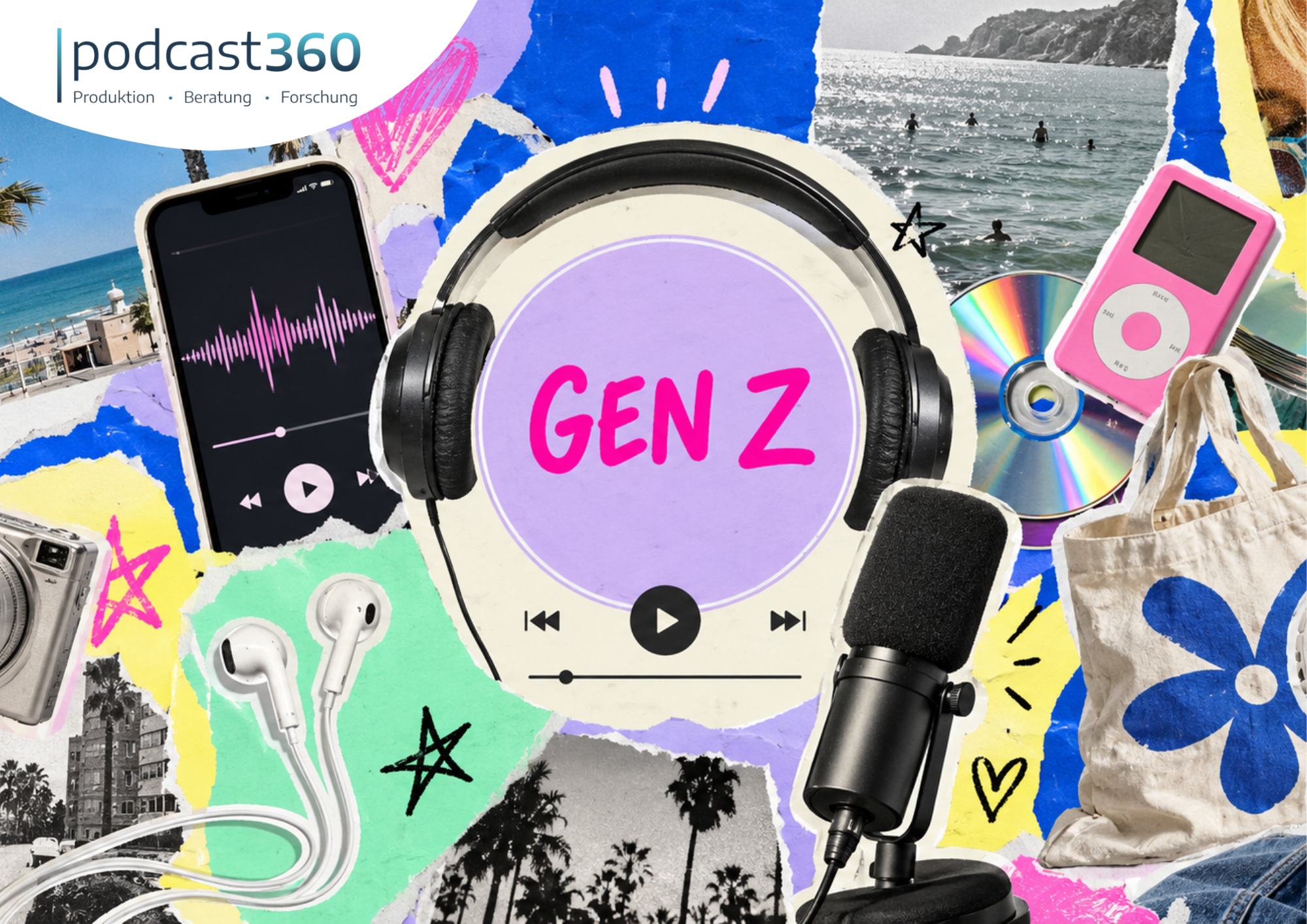 Collage mit der Aufschrift „GEN Z“ in Kopfhörern, umgeben von Medien-Icons für Podcasts.
