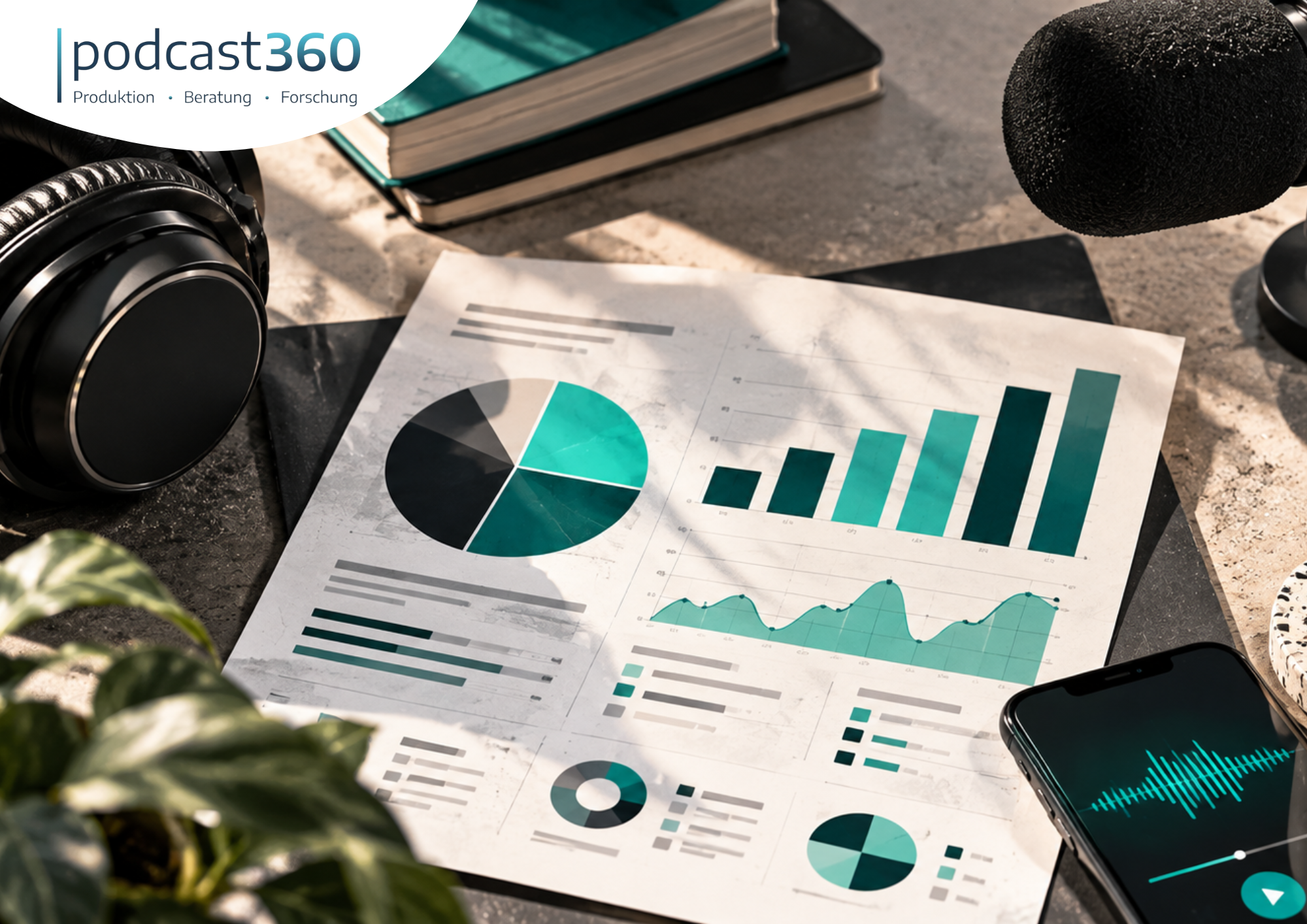 Das Podcast360-Logo über einem Schreibtisch mit Kopfhörern, einem Mikrofon und Podcast-Marketing-Diagrammen.