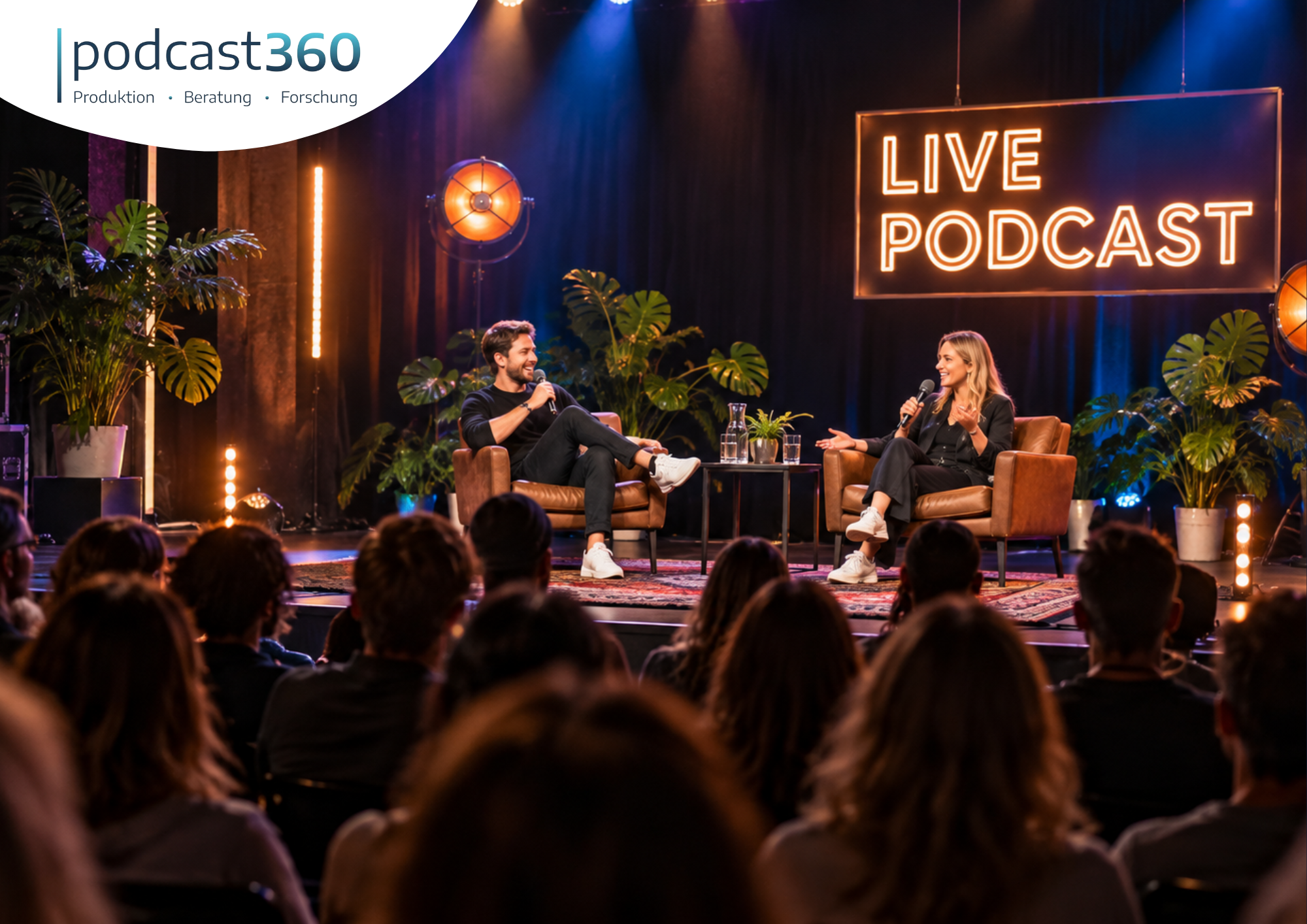 Zwei Personen moderieren auf der Bühne vor einem Social-Media-Publikum einen Live-Podcast, während sie in Sesseln sitzen.